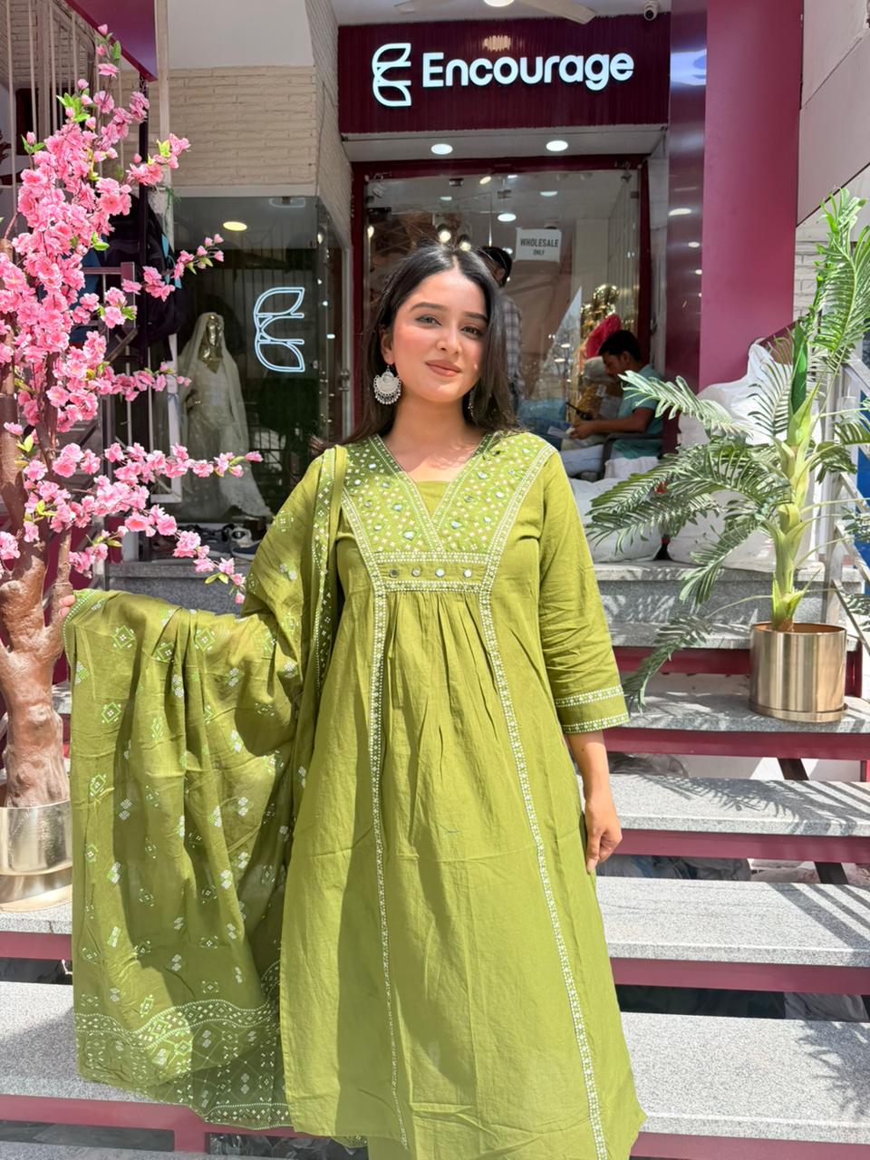 Women Olive Green Embroidered Kurta Set with Dupatta | Elegant Ethnic Wear
