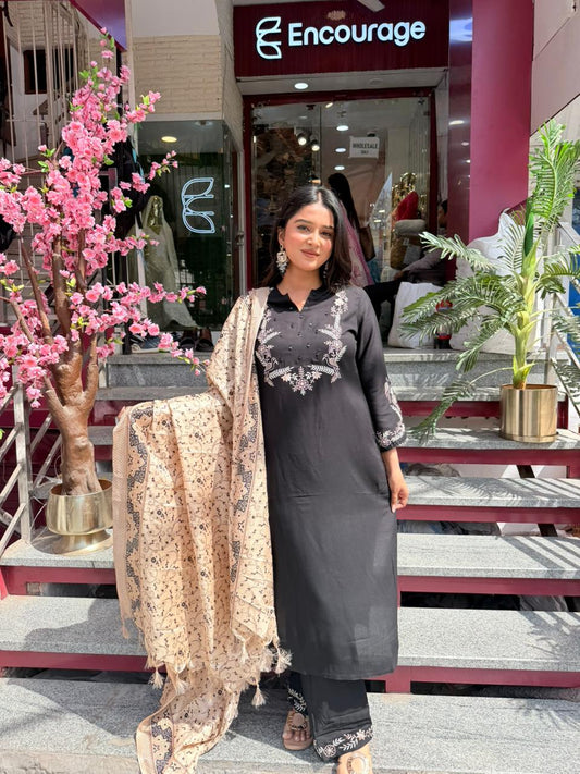 Women Black Embroidered Kurta Set with Printed Dupatta | Elegant Ethnic Wear