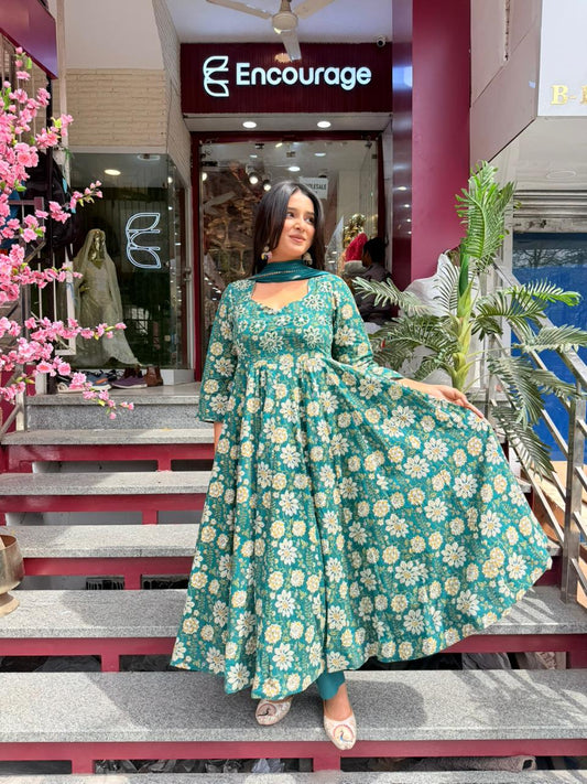 Women Teal Green Floral Anarkali Kurta Set with Dupatta | Flared Ethnic Wear