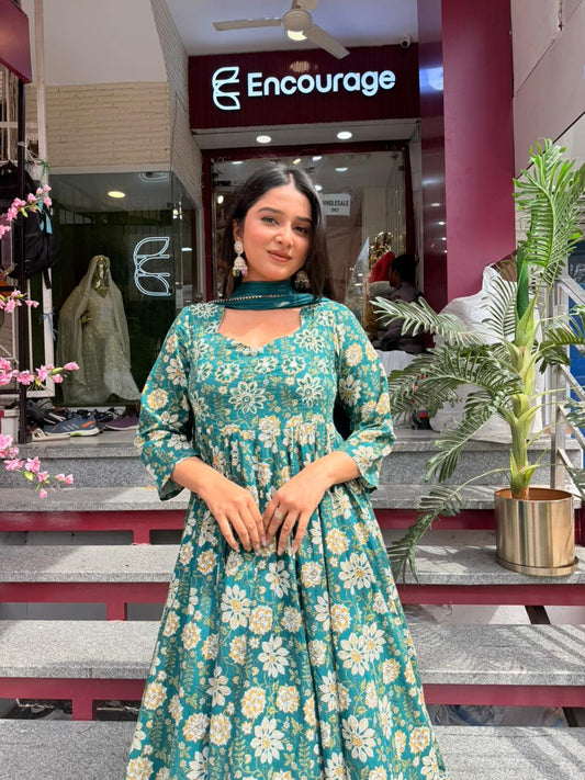 Women Teal Green Floral Anarkali Kurta Set with Dupatta | Flared Ethnic Wear