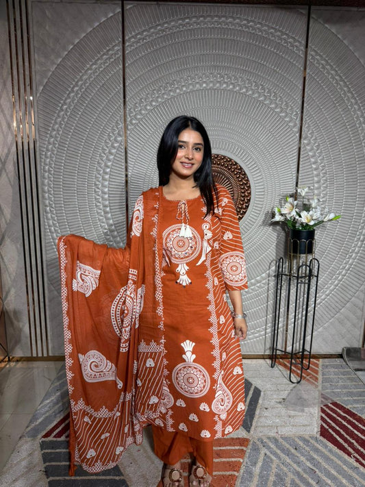 Women Rust Orange Printed Kurta Set with Dupatta | Ethnic Casual Wear