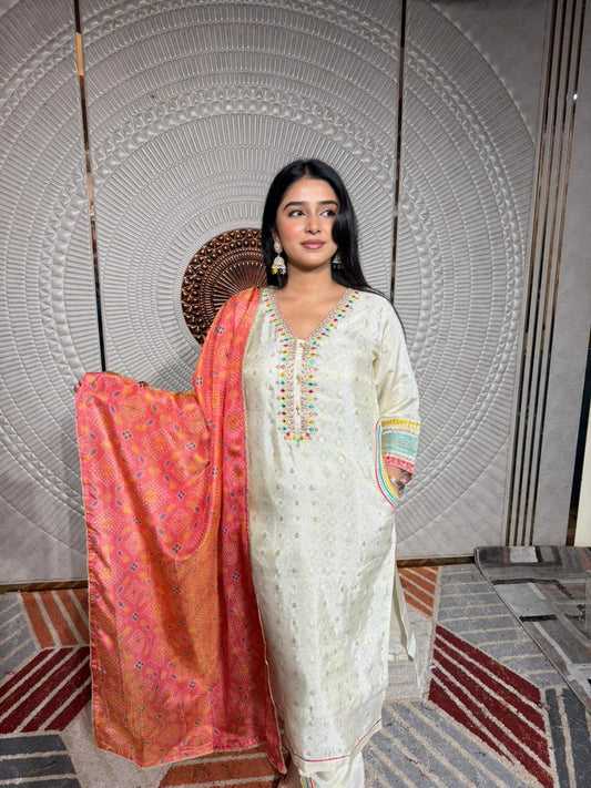 Women Off White Embroidered Kurta Set with Contrast Dupatta | Festive Ethnic Wear
