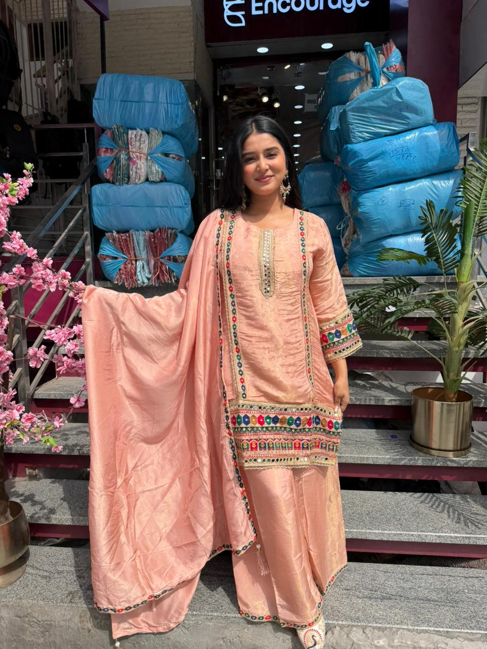 Women Peach Embroidered Kurta Set with Dupatta | Festive & Wedding Wear