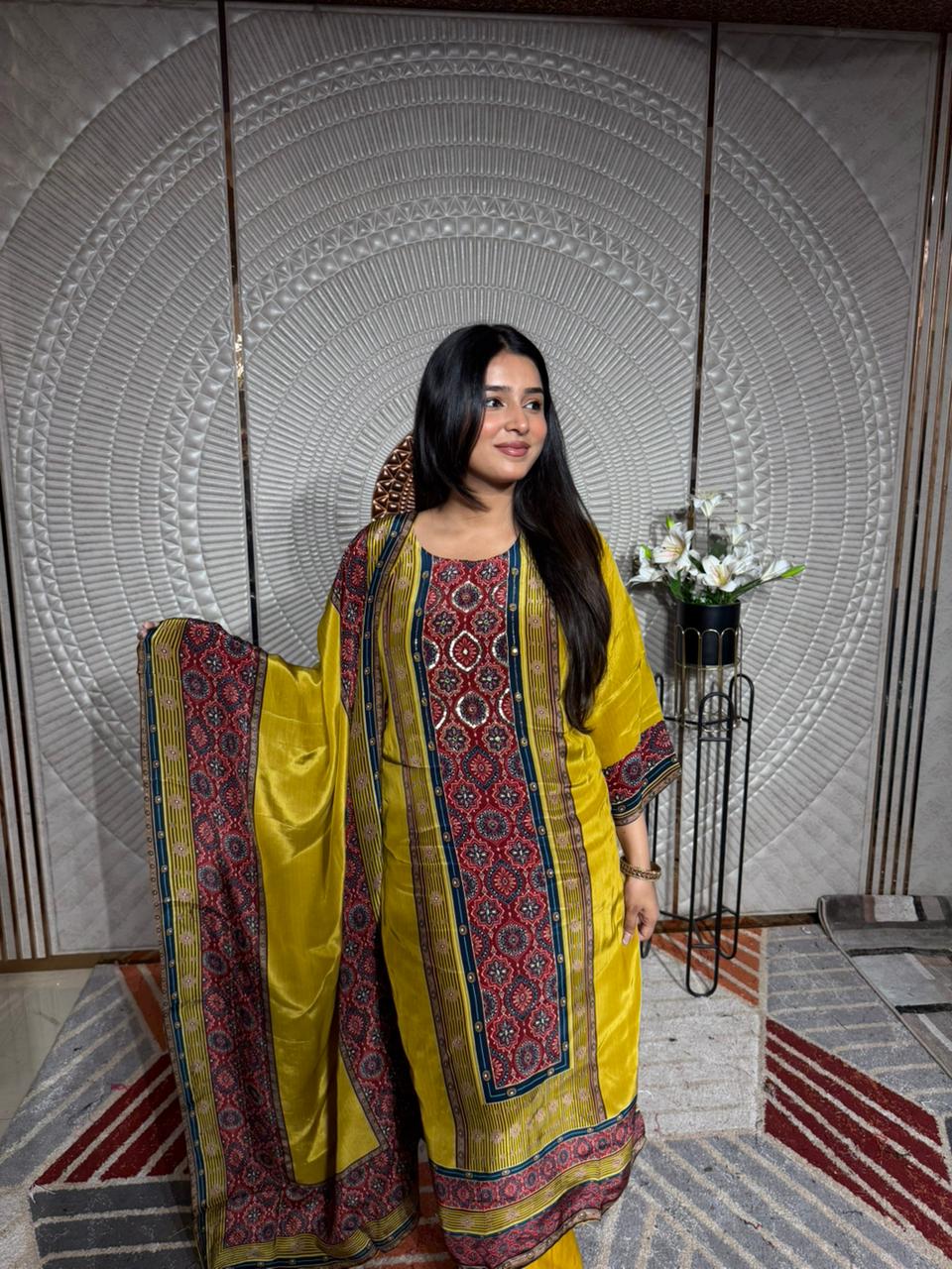 Women Mustard Yellow Printed Kurta Set with Dupatta | Festive Ethnic Wear