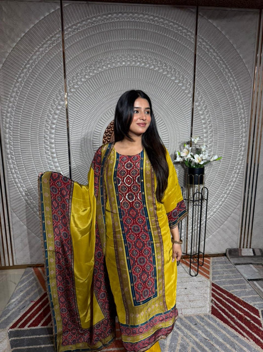 Women Mustard Yellow Printed Kurta Set with Dupatta | Festive Ethnic Wear