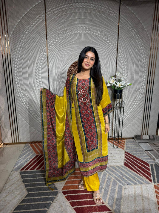 Women Mustard Yellow Printed Kurta Set with Dupatta | Festive Ethnic Wear