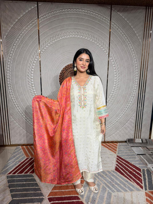 Women Off White Embroidered Kurta Set with Contrast Dupatta | Festive Ethnic Wear