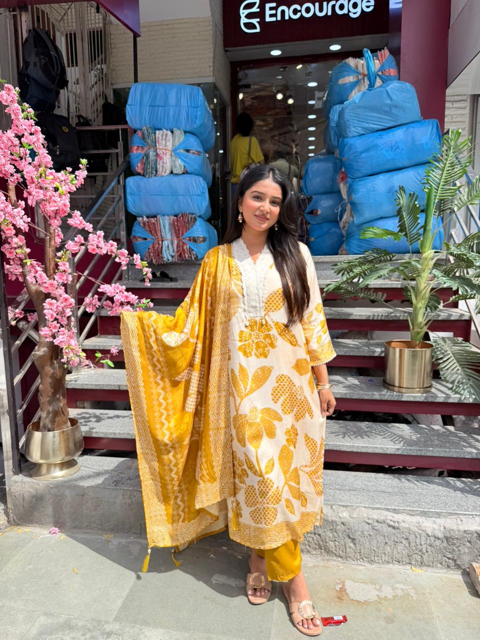 Mustard Yellow Floral Printed Kurta Set with Dupatta for Women