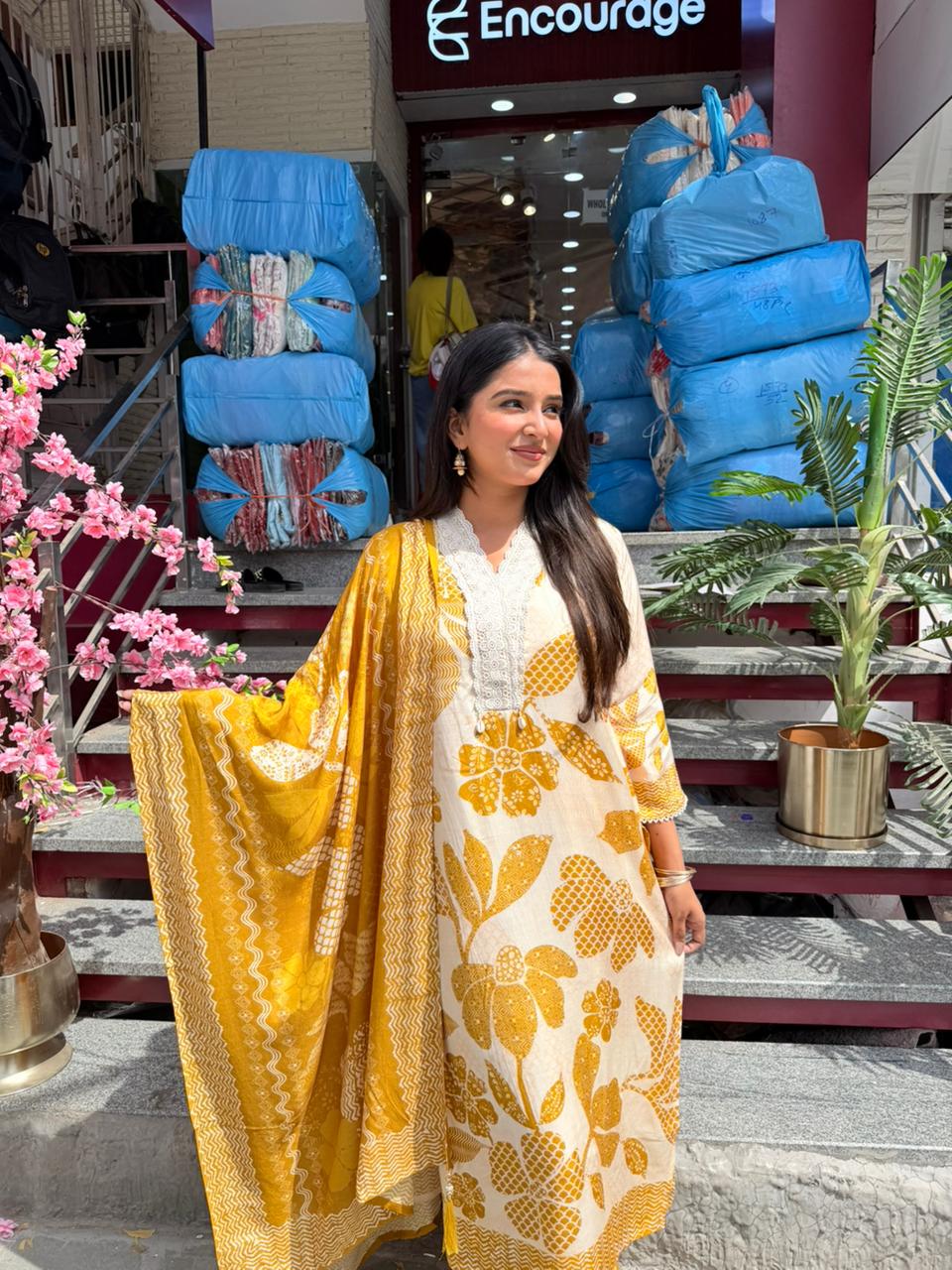 Mustard Yellow Floral Printed Kurta Set with Dupatta for Women