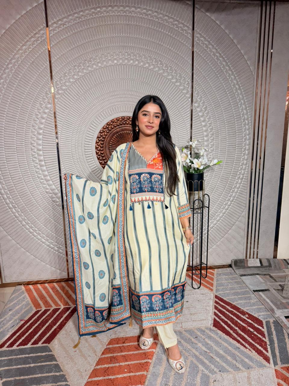 Elegant Cream & Teal Printed Kurta Set with Dupatta for Women
