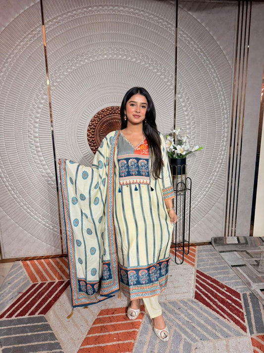 Elegant Cream & Teal Printed Kurta Set with Dupatta for Women