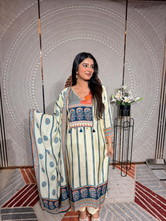 Elegant Cream & Teal Printed Kurta Set with Dupatta for Women