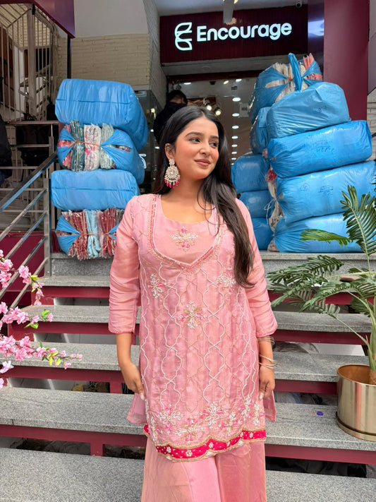 Elegant Pink Embroidered Kurta Set with Sharara for Women
