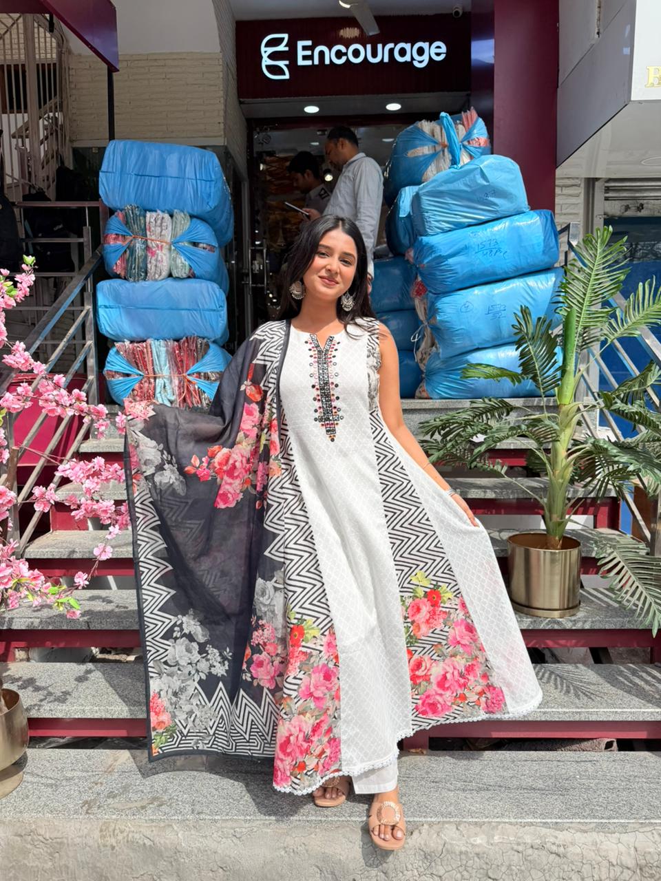 White & Black Floral Printed Lawn Suit with Embroidered Neck & Digital Dupatta – 3 Piece Set