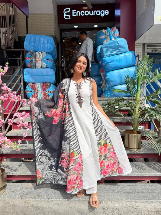 White & Black Floral Printed Lawn Suit with Embroidered Neck & Digital Dupatta – 3 Piece Set