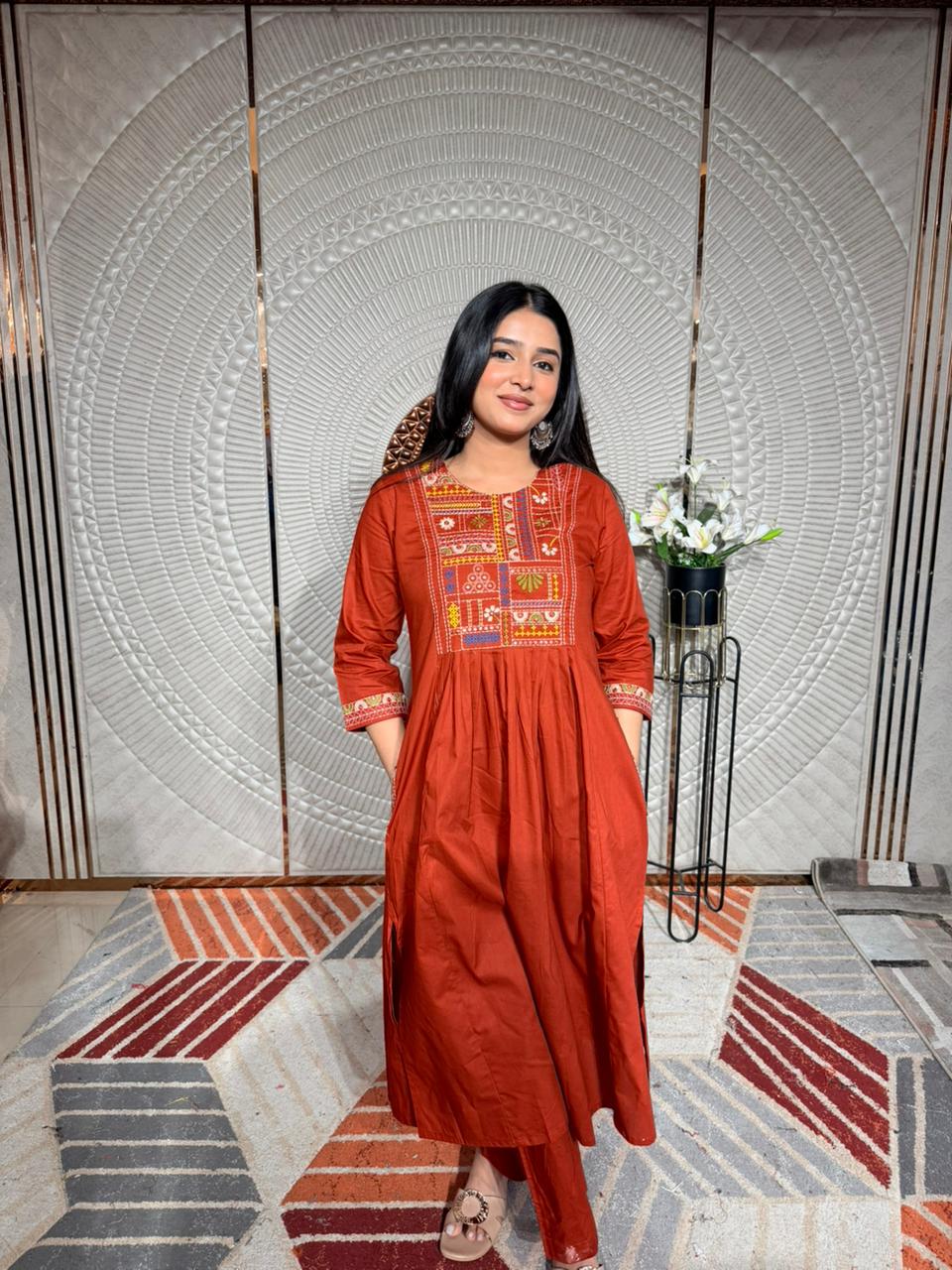 Rust Orange Embroidered A-Line Kurta Set for Women