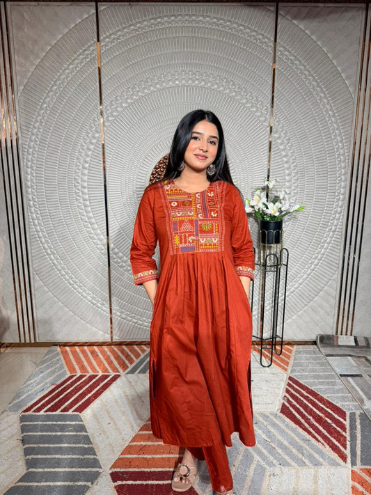 Rust Orange Embroidered A-Line Kurta Set for Women