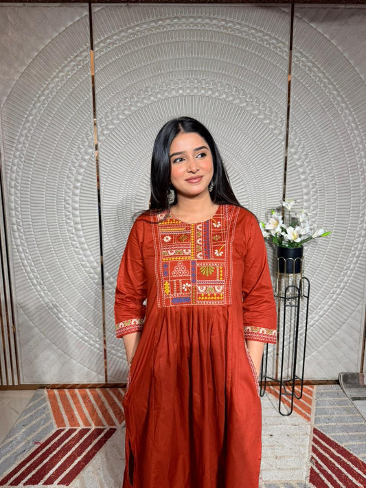 Rust Orange Embroidered A-Line Kurta Set for Women