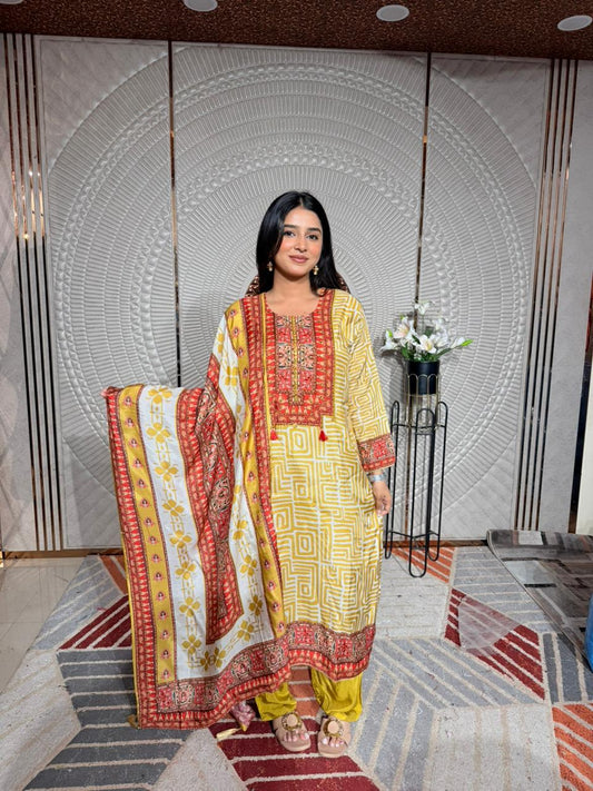 Mustard Yellow Printed Lawn Suit with Embroidered Neck & Contrast Dupatta – 3 Piece Set for Women