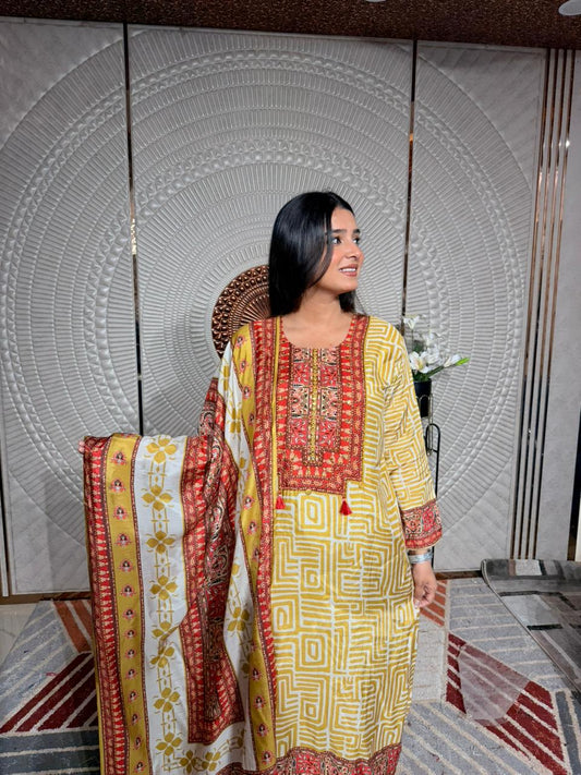 Mustard Yellow Printed Lawn Suit with Embroidered Neck & Contrast Dupatta – 3 Piece Set for Women