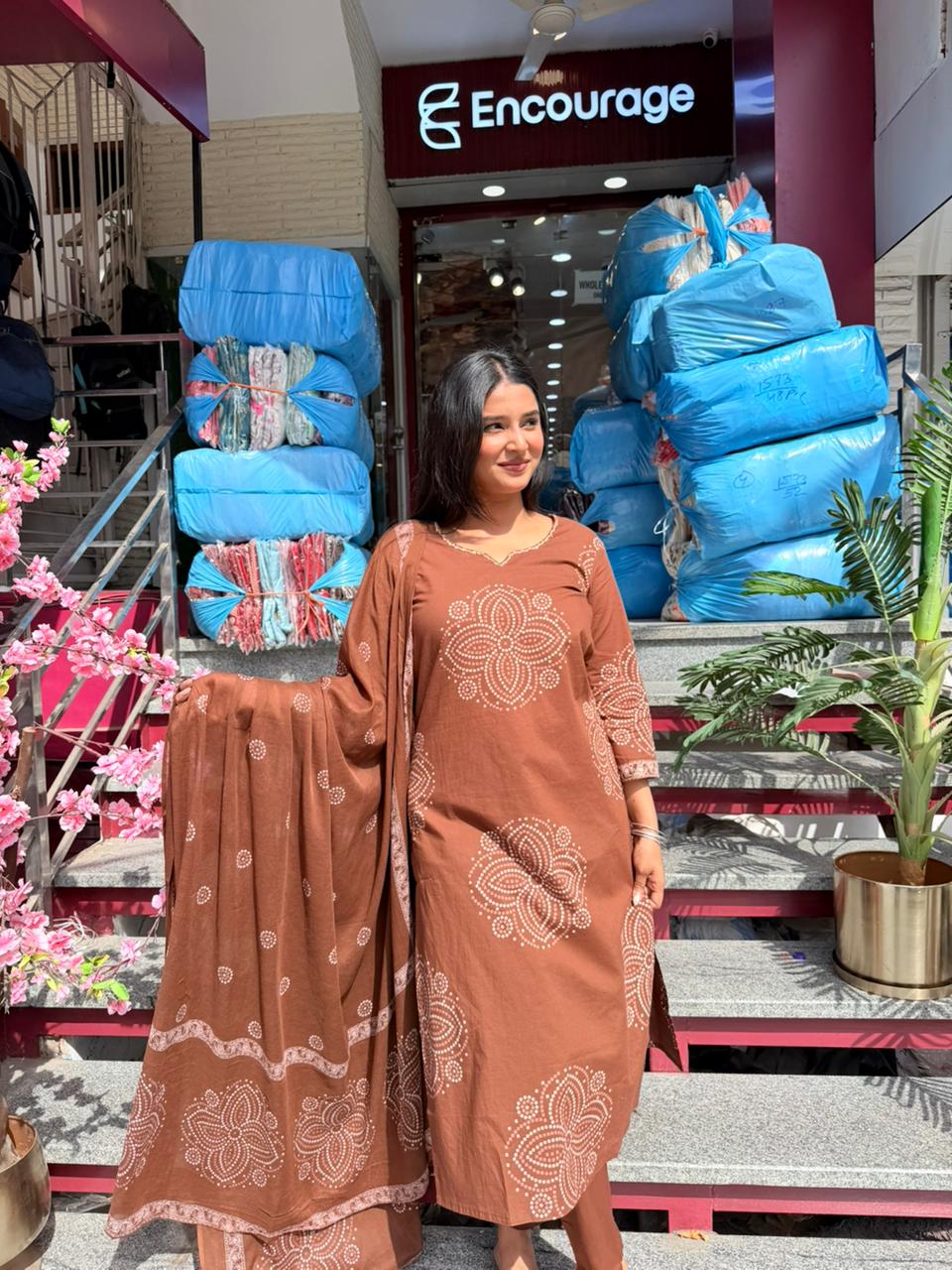 Chocolate Brown Printed Lawn Suit with Minimal Ethnic Design & Matching Dupatta – 3 Piece Set