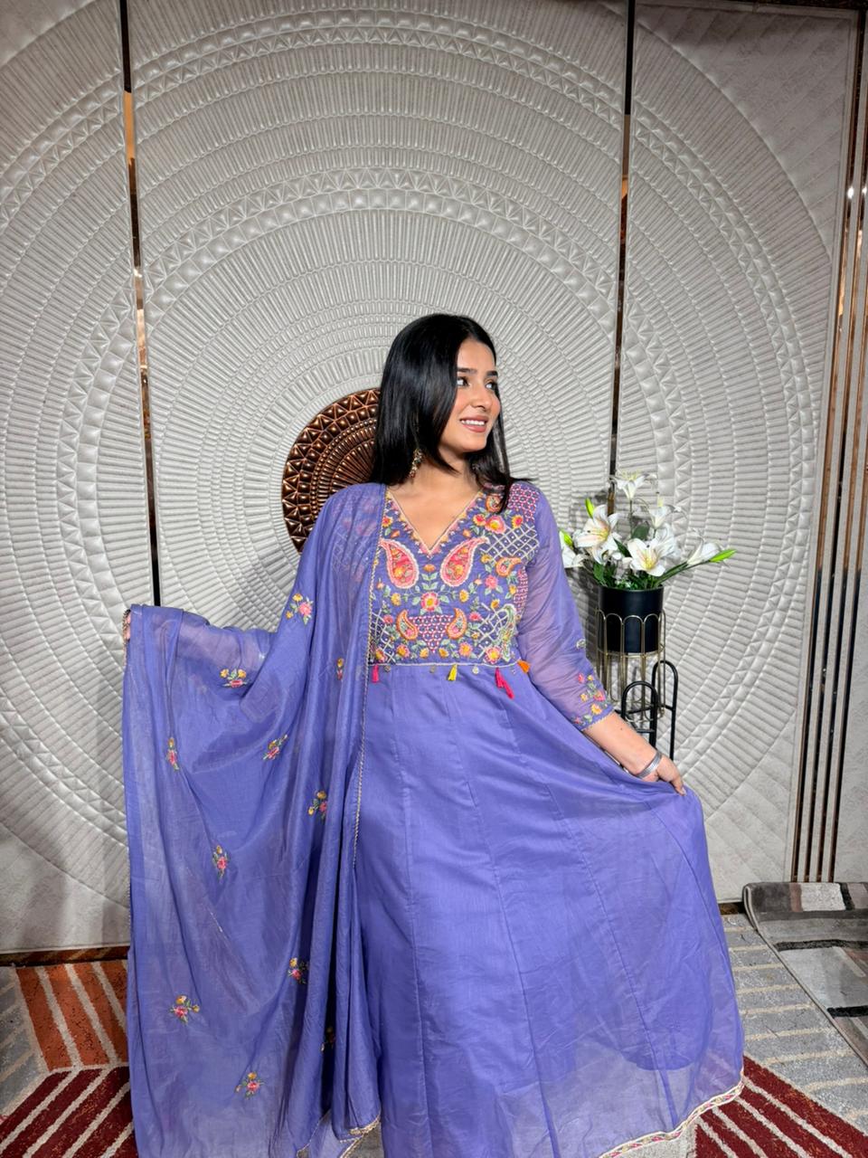 Lavender Purple Embroidered Lawn Suit with Flowy Kurta & Matching Dupatta – 3 Piece Set