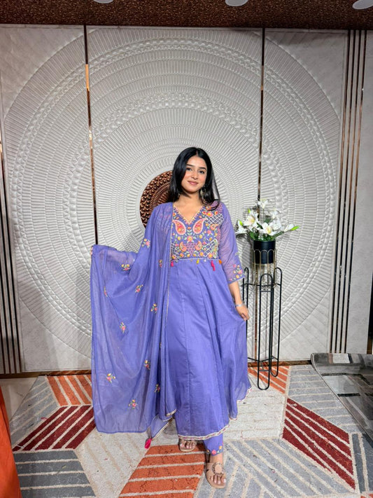Lavender Purple Embroidered Lawn Suit with Flowy Kurta & Matching Dupatta – 3 Piece Set