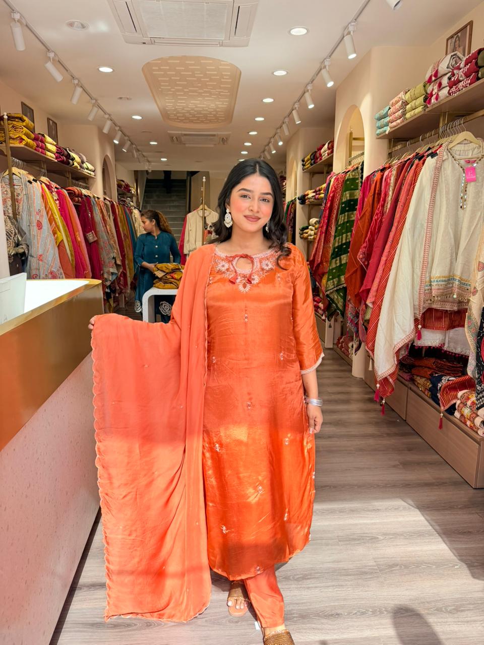Peach Orange Silk Suit with Embroidered Neck & Chiffon Dupatta – 3 Piece Premium Set