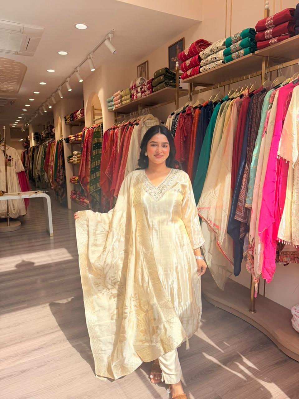 Champagne Gold Silk Suit with Embroidered Neck & Luxury Dupatta – 3 Piece Festive Set