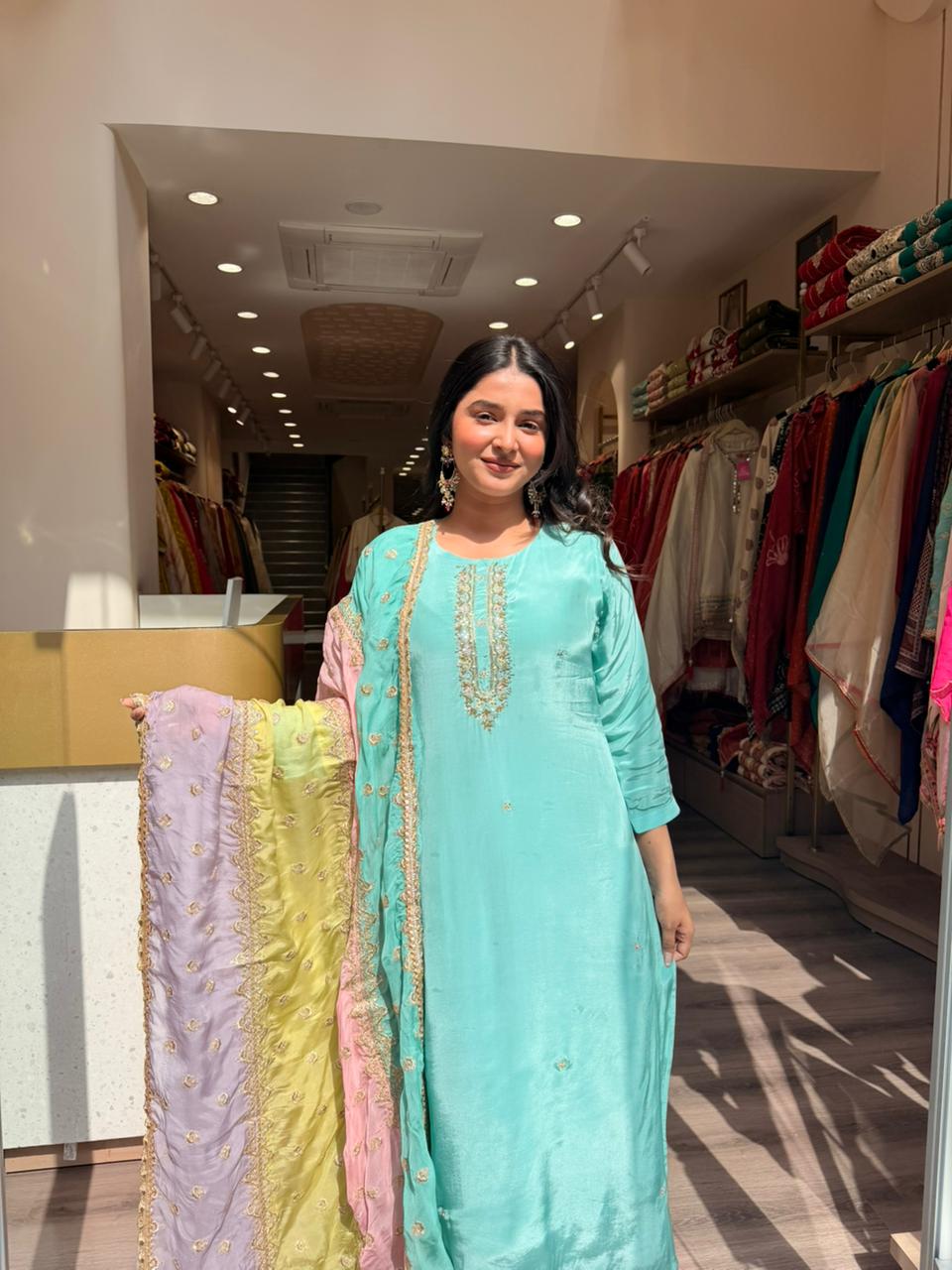 Mint Green Embroidered Suit with Multicolor Chiffon Dupatta – 3 Piece Premium Set for Women
