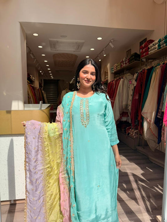 Mint Green Embroidered Suit with Multicolor Chiffon Dupatta – 3 Piece Premium Set for Women