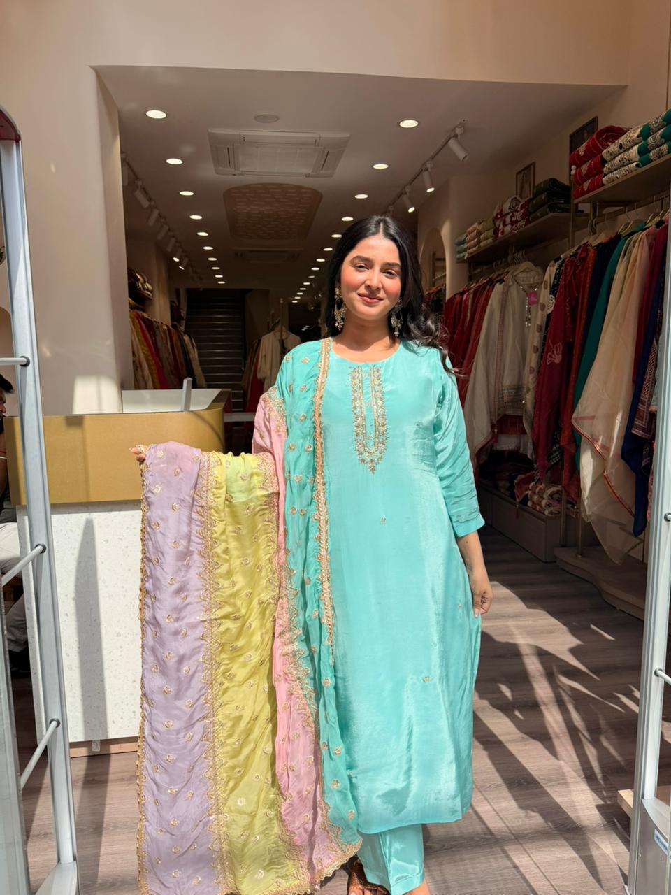 Mint Green Embroidered Suit with Multicolor Chiffon Dupatta – 3 Piece Premium Set for Women