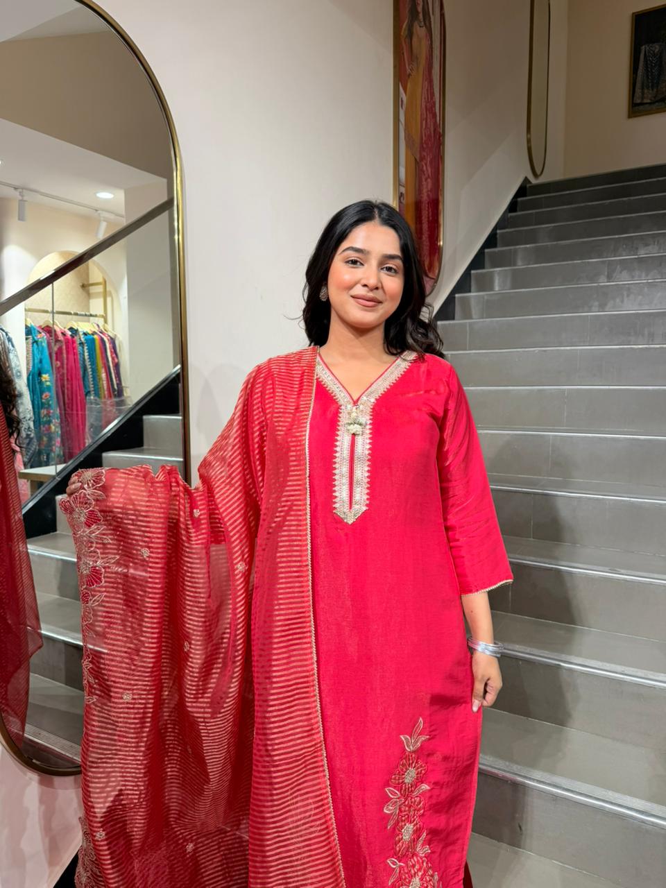 Ruby Red Embroidered Suit with Textured Chiffon Dupatta – 3 Piece Festive Set