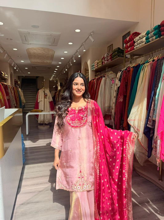 Blush Pink Embroidered Suit with Red Banarsi Dupatta – 3 Piece Festive Wedding Set