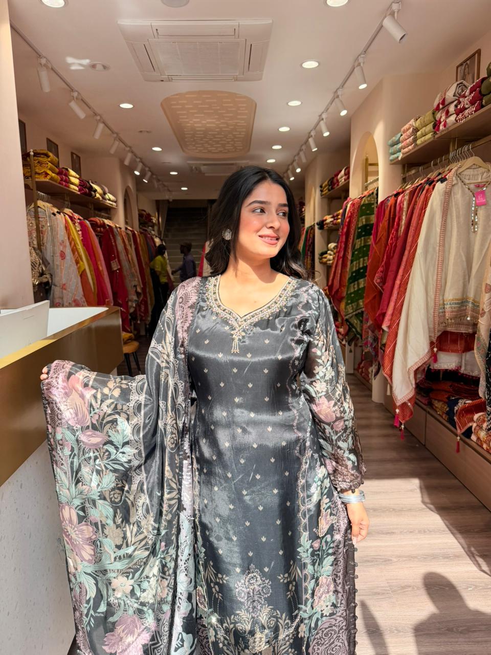 Charcoal Grey Floral Silk Suit with Digital Print Dupatta – 3 Piece Premium Set