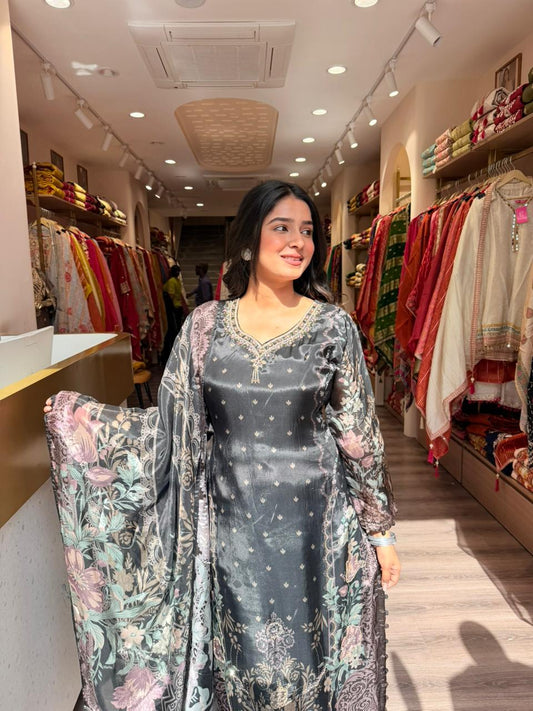Charcoal Grey Floral Silk Suit with Digital Print Dupatta – 3 Piece Premium Set