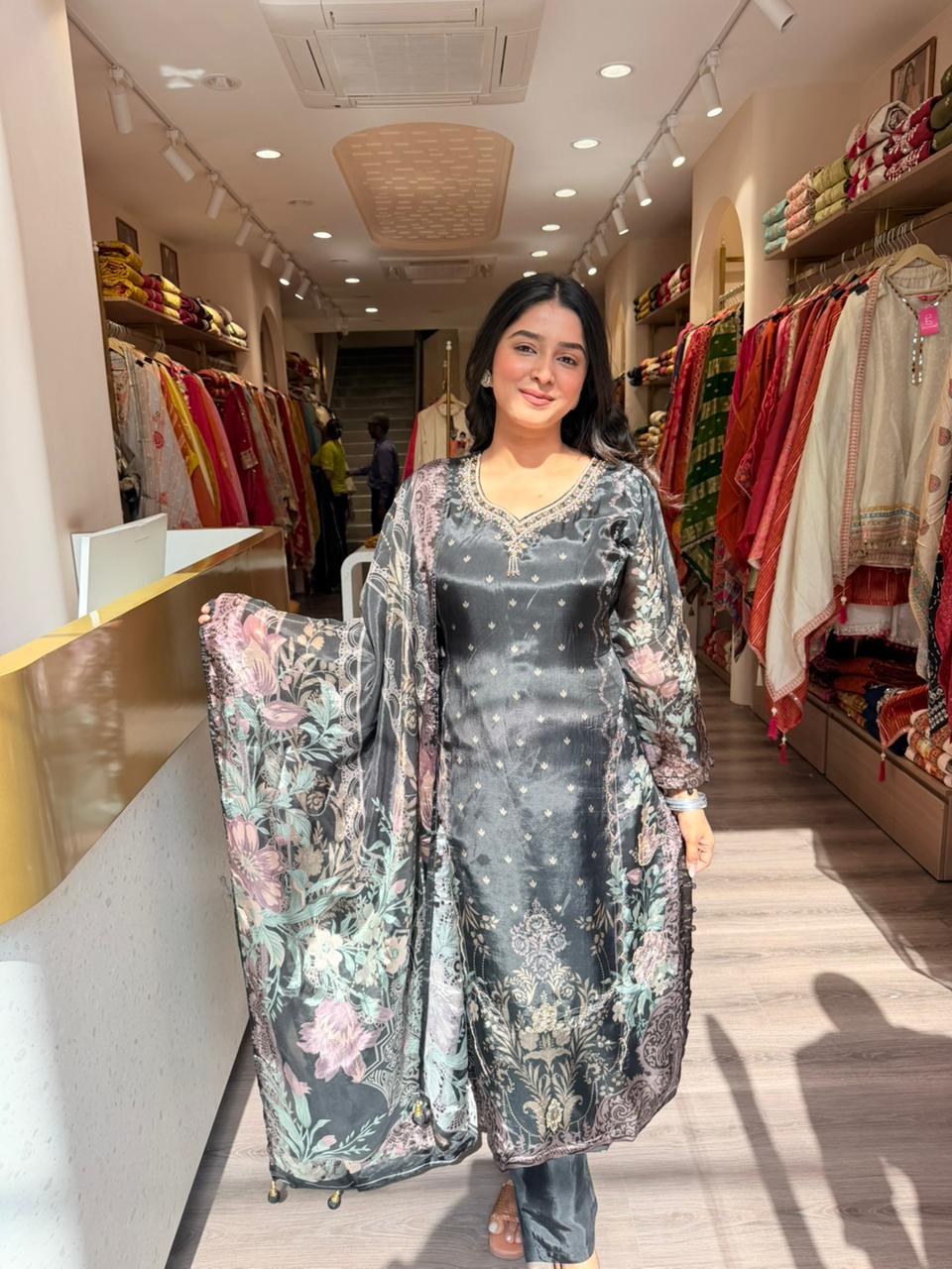 Charcoal Grey Floral Silk Suit with Digital Print Dupatta – 3 Piece Premium Set