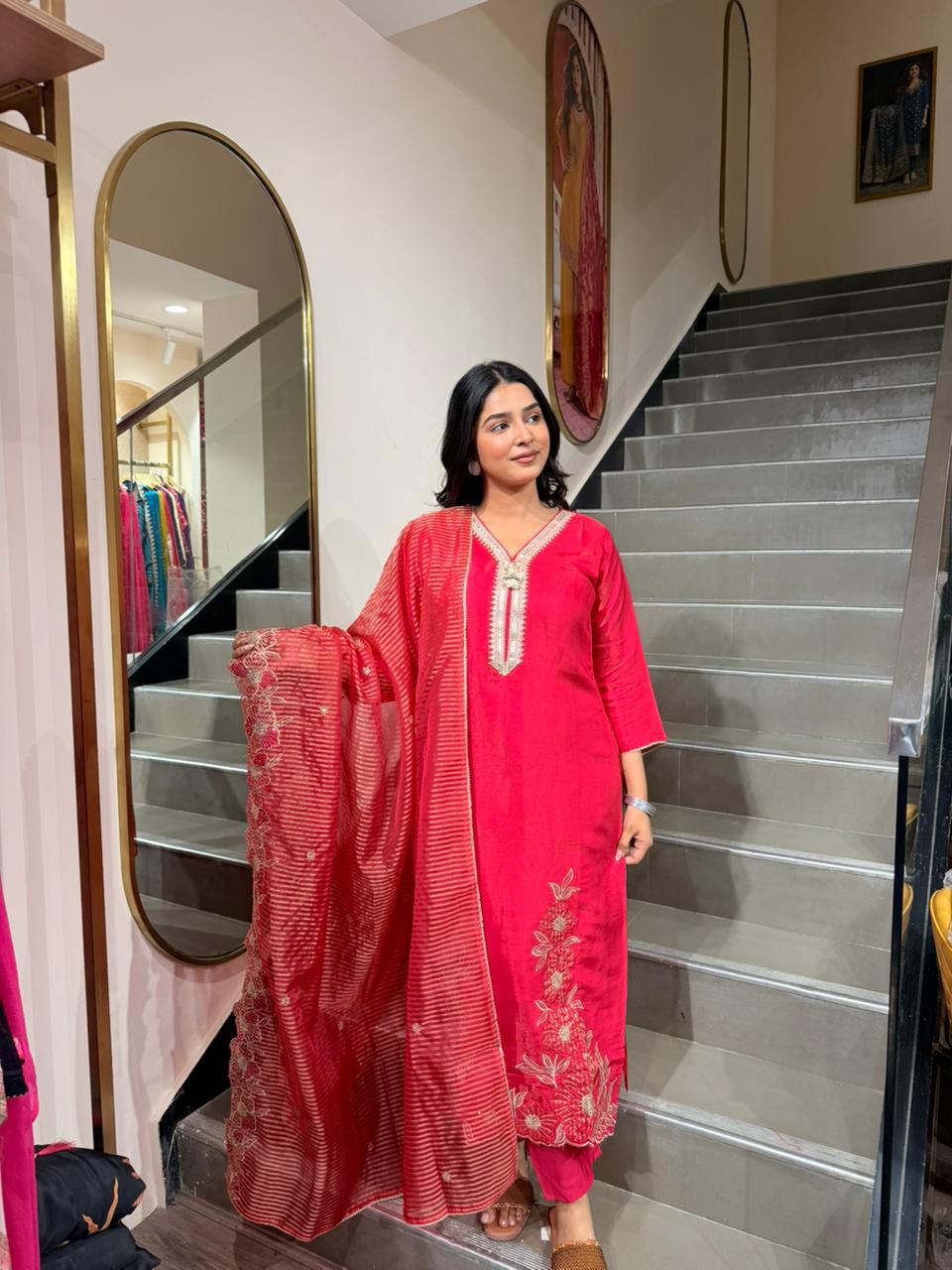 Ruby Red Embroidered Suit with Textured Chiffon Dupatta – 3 Piece Festive Set