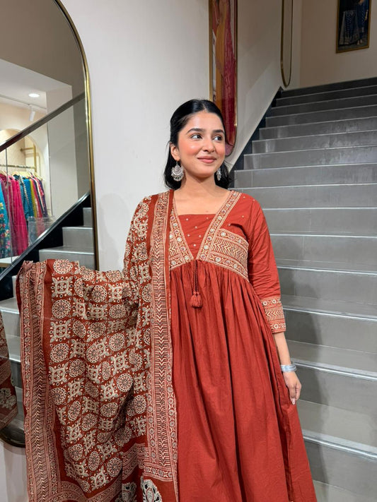 Rust Orange Angrakha Style Suit with Ethnic Printed Dupatta – 3 Piece Flowy Set