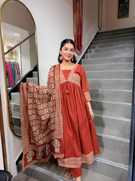 Rust Orange Angrakha Style Suit with Ethnic Printed Dupatta – 3 Piece Flowy Set