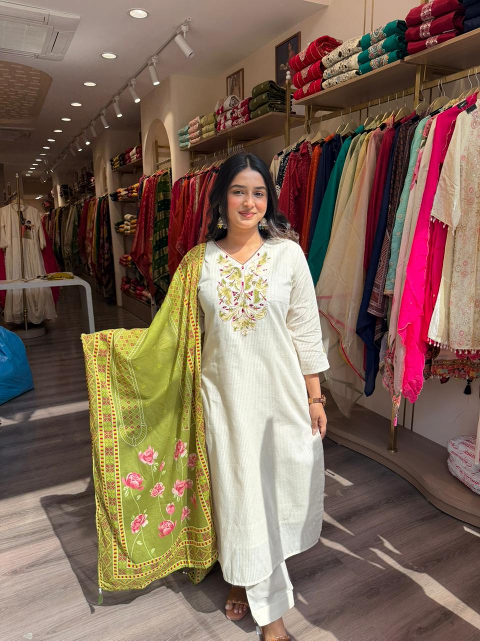 Off White Embroidered Cotton Kurta Set with Green Floral Dupatta for Women