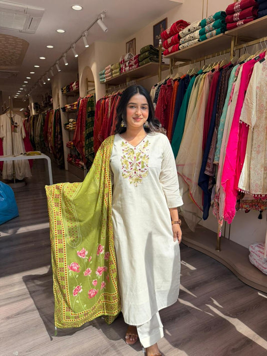 Off White Embroidered Cotton Kurta Set with Green Floral Dupatta for Women