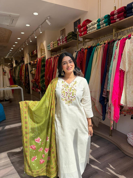 Off White Embroidered Cotton Kurta Set with Green Floral Dupatta for Women
