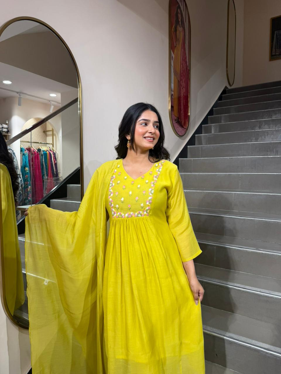 Yellow Anarkali Kurta Set with Dupatta for Women | Embroidered Cotton Suit