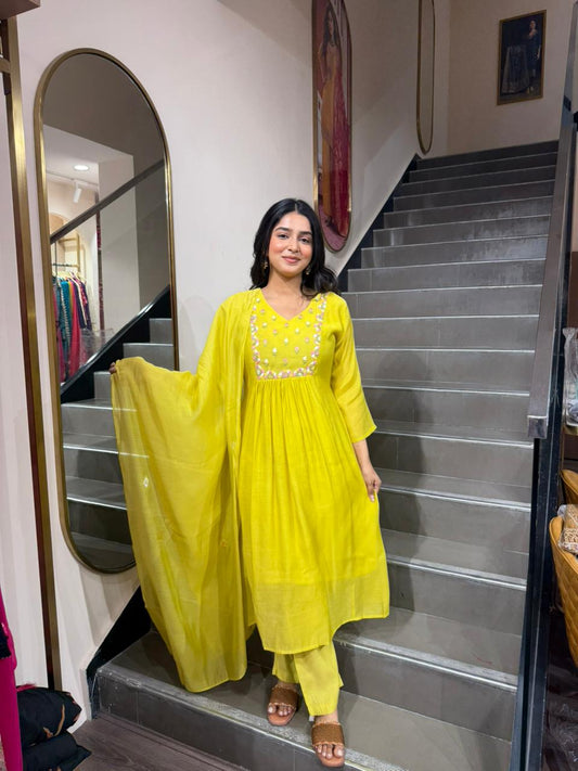 Yellow Anarkali Kurta Set with Dupatta for Women | Embroidered Cotton Suit