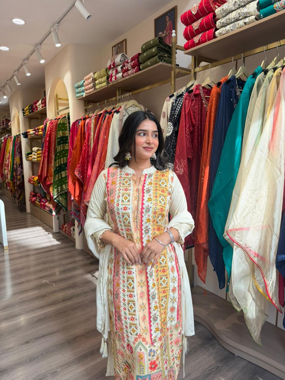 Off White Embroidered Kurta Set for Women | Multicolor Ethnic Cotton Suit