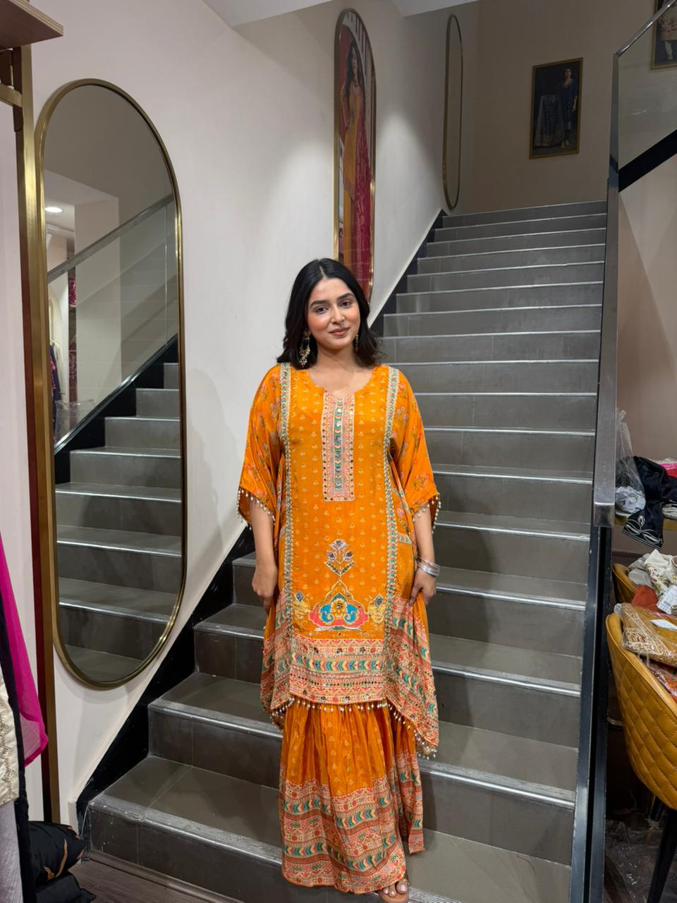 Rust Orange Printed Kurta Sharara Set for Women | Festive Ethnic Wear