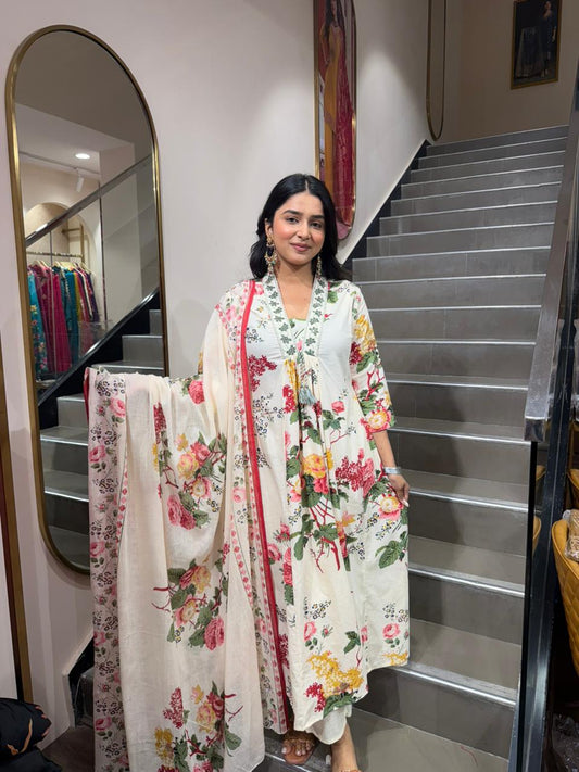 Elegant Floral Printed 3 Piece Suit Set for Women with Dupatta – Cream Anarkali Style Kurta