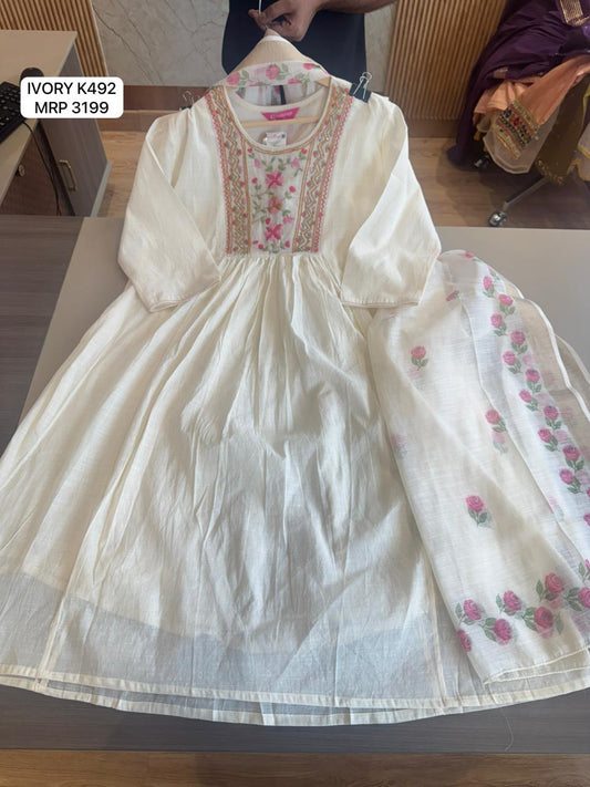 Ivory Floral Embroidered Cotton Kurta Set with Dupatta for Women | Elegant Ethnic Wear