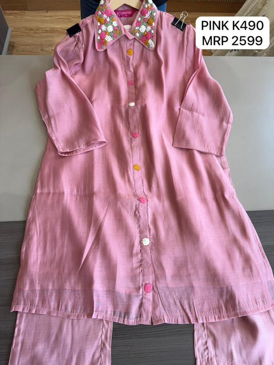 Pink Embroidered Collar Shirt Style Kurta Set for Women | Indo-Western Co-ord Set